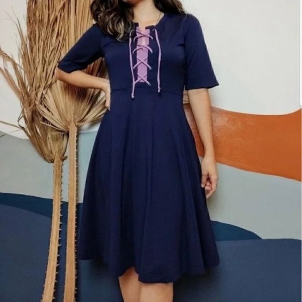 Anthropologie Maeve Lace-Up Fit & Flare Dress - Navy & Lilac